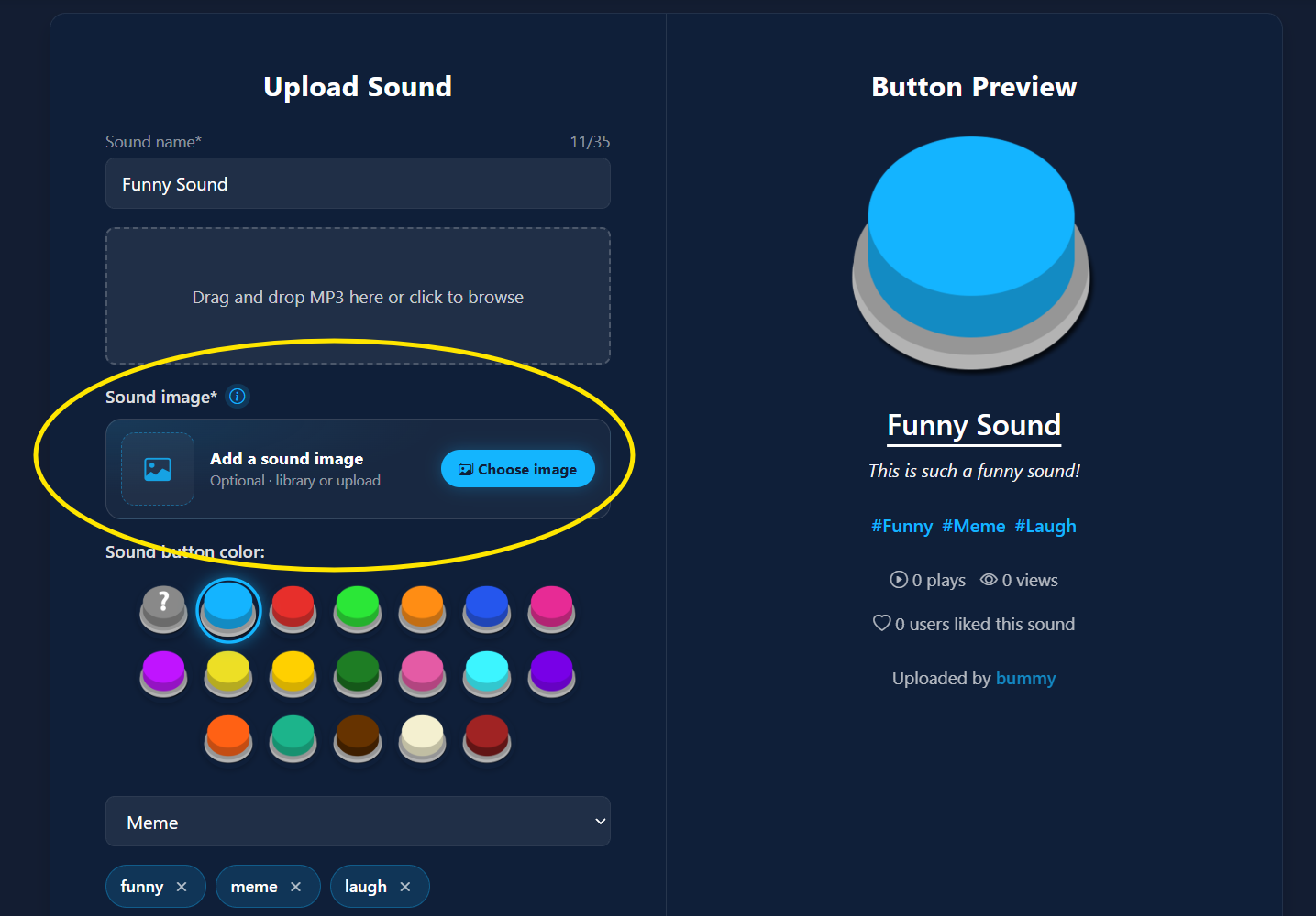 SoundboardGuys upload form with the Choose image button highlighted