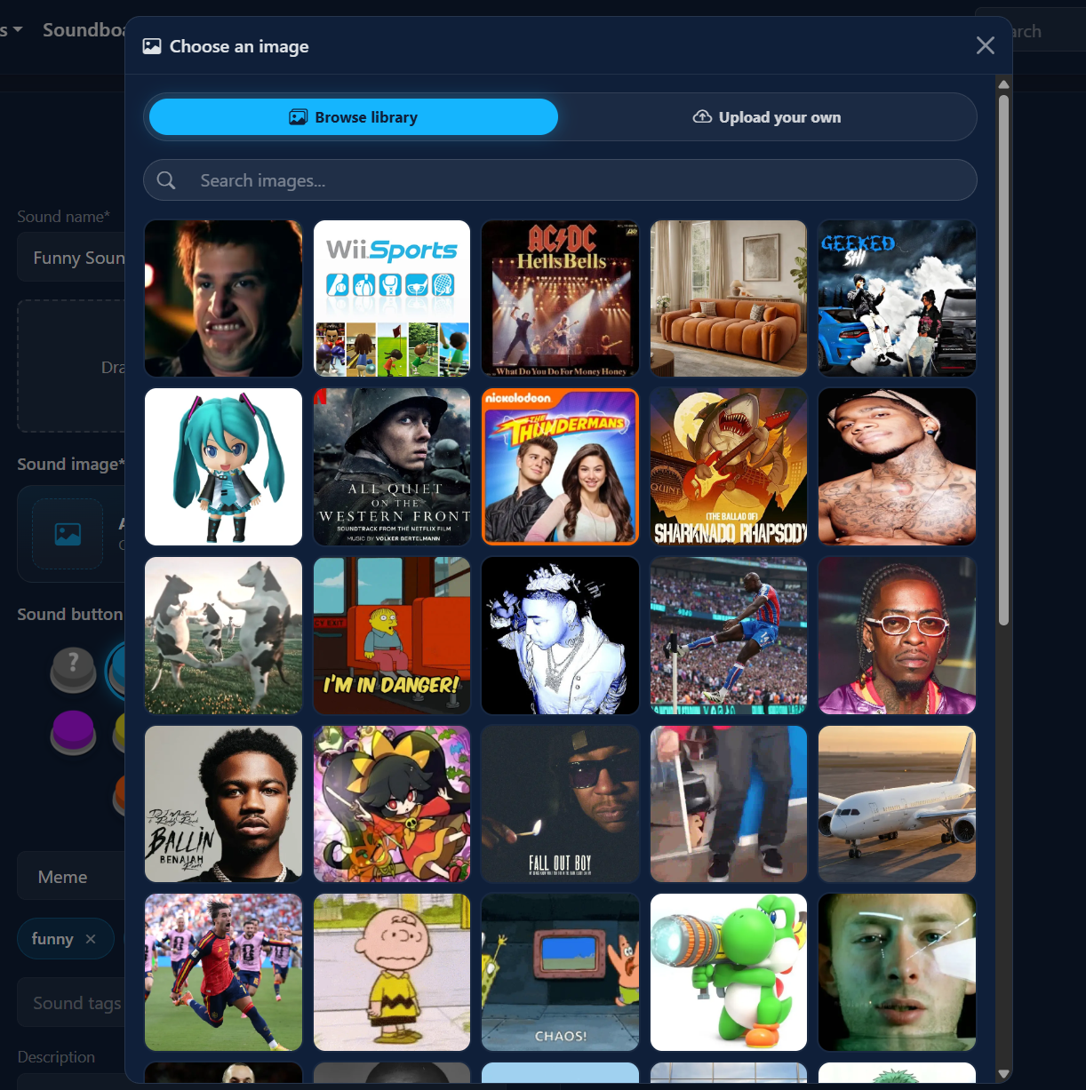SoundboardGuys image library showing a search bar and a grid of available images