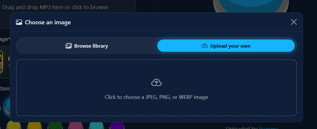 Upload your own tab with an area for selecting a JPEG, PNG, or WEBP image
