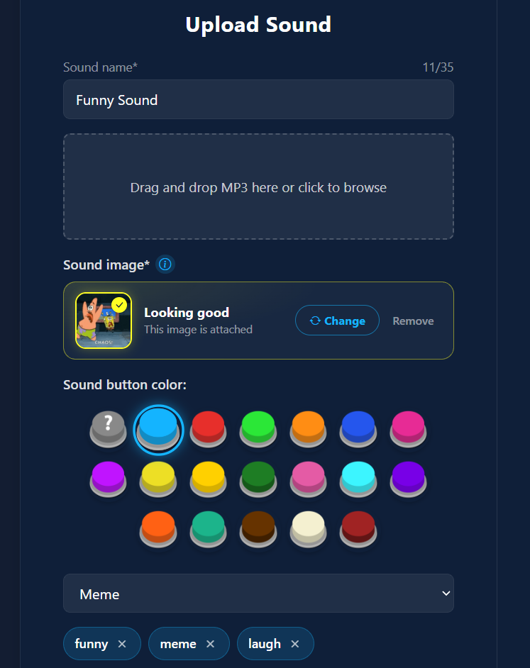 Sound upload form showing an attached image and the Change button